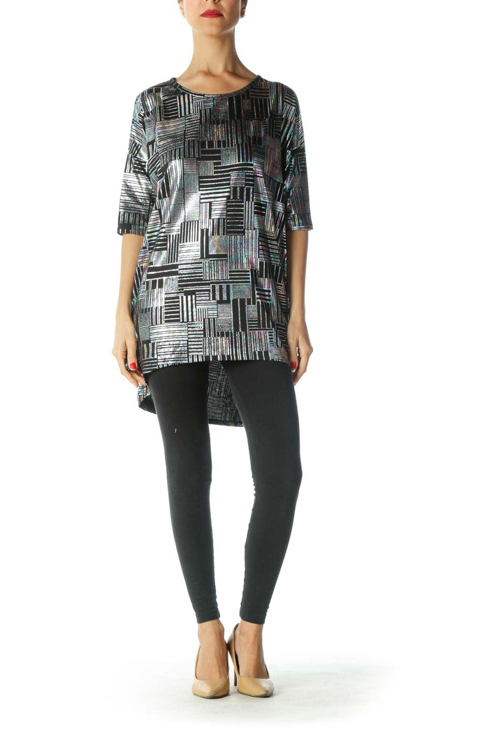 Black Silver Geometric Print T-Shirt