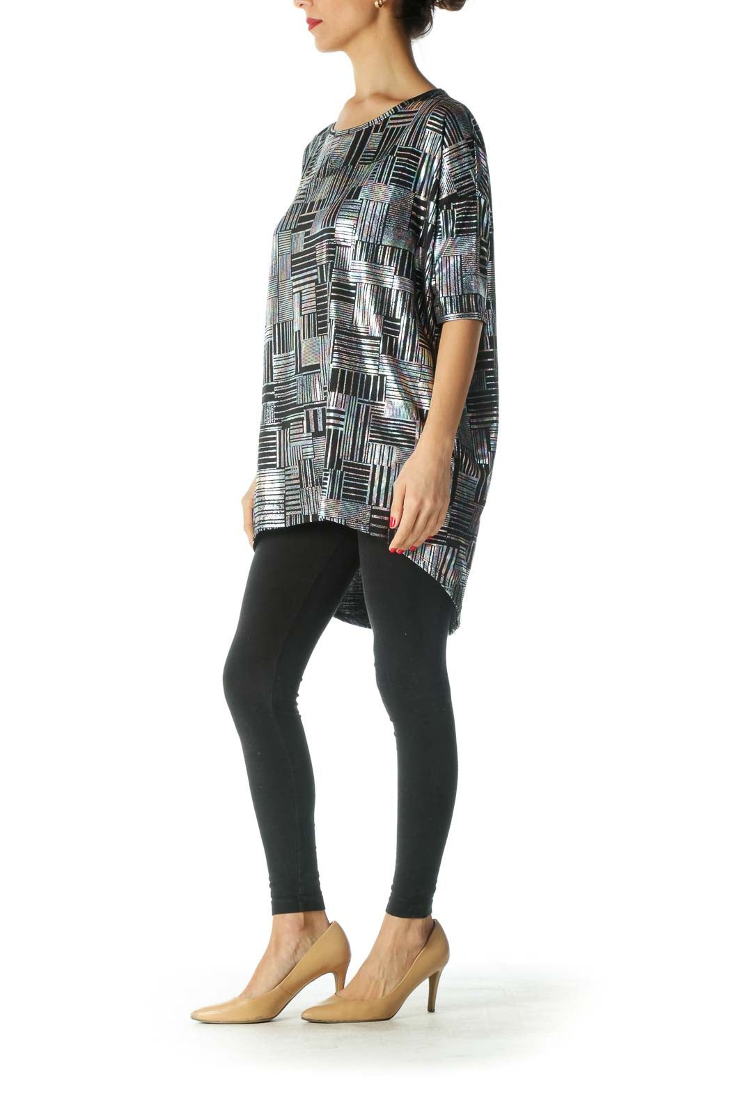 Black Silver Geometric Print T-Shirt