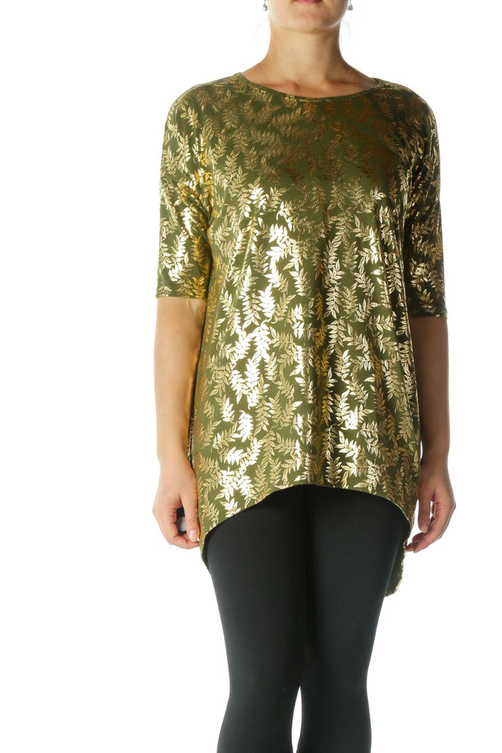 Green Gold Leaves Print Round Neck T-Shirt