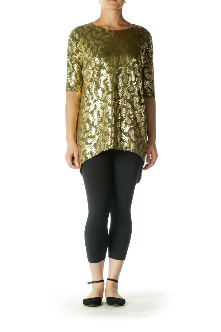 Green Gold Leaves Print Round Neck T-Shirt