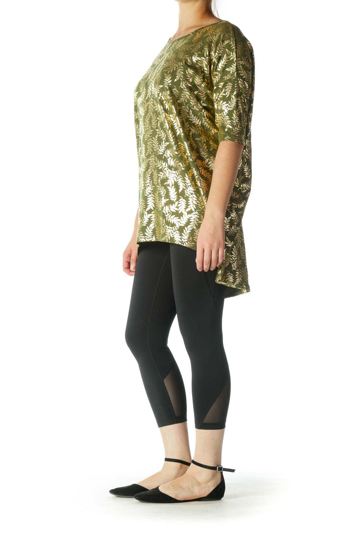 Green Gold Leaves Print Round Neck T-Shirt