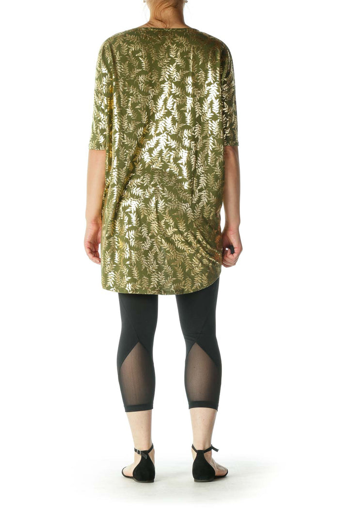 Green Gold Leaves Print Round Neck T-Shirt