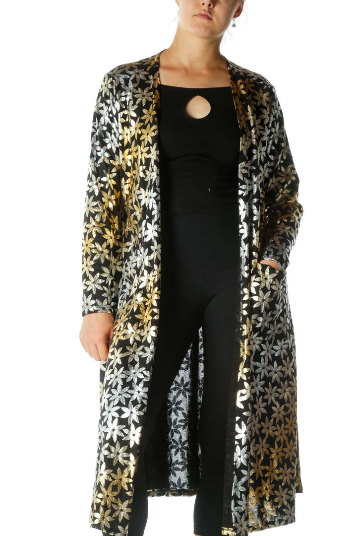 Gold and Silver Metallic Flower Print Cardigan