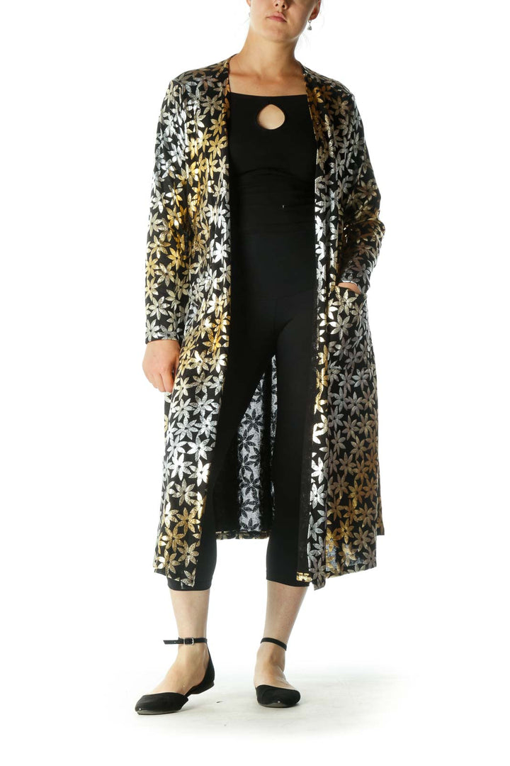 Gold and Silver Metallic Flower Print Cardigan