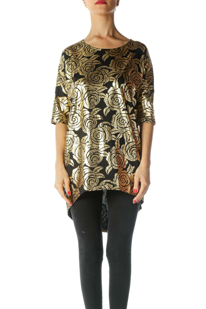 Black Gold Floral Print T-Shirt