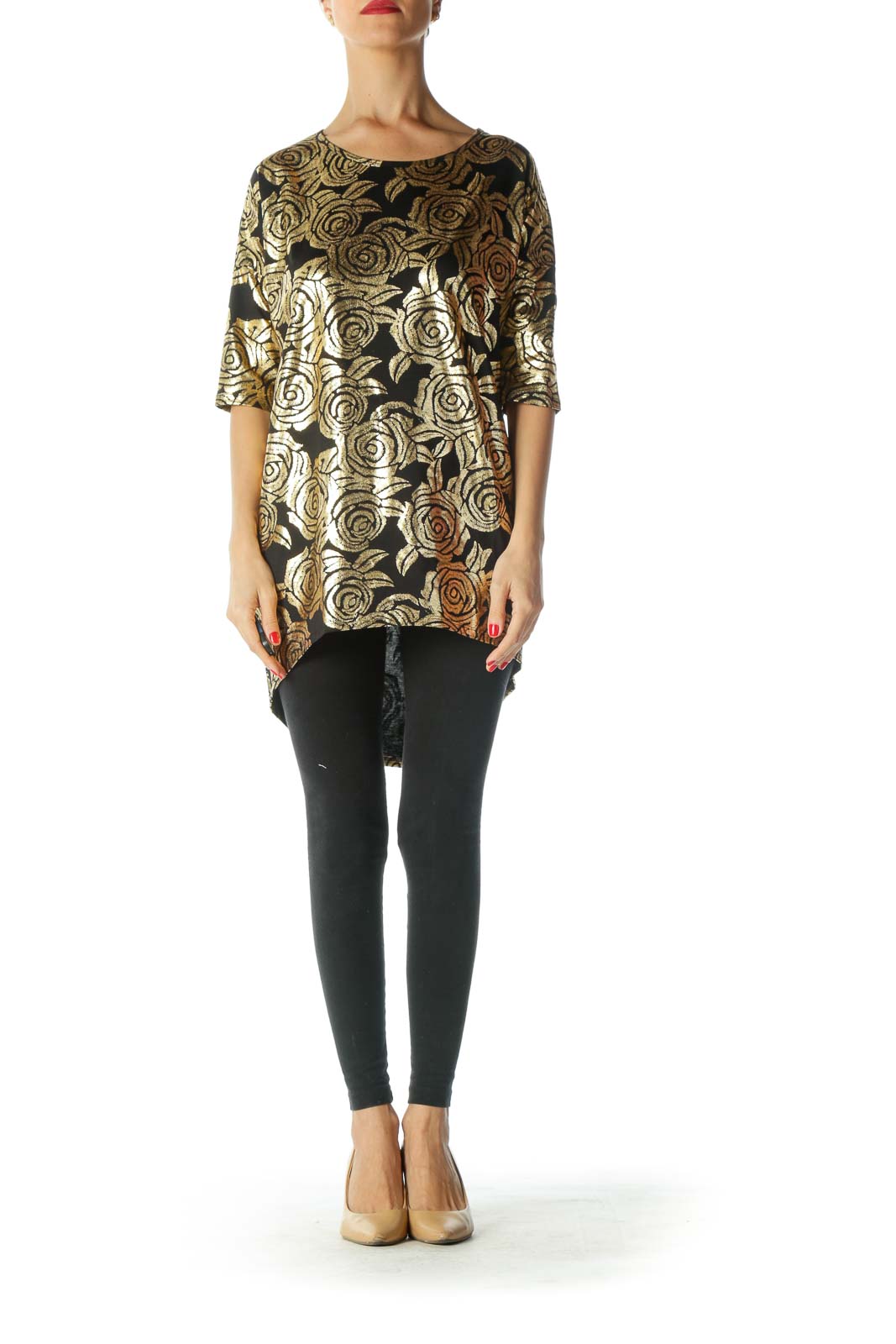 Black Gold Floral Print T-Shirt