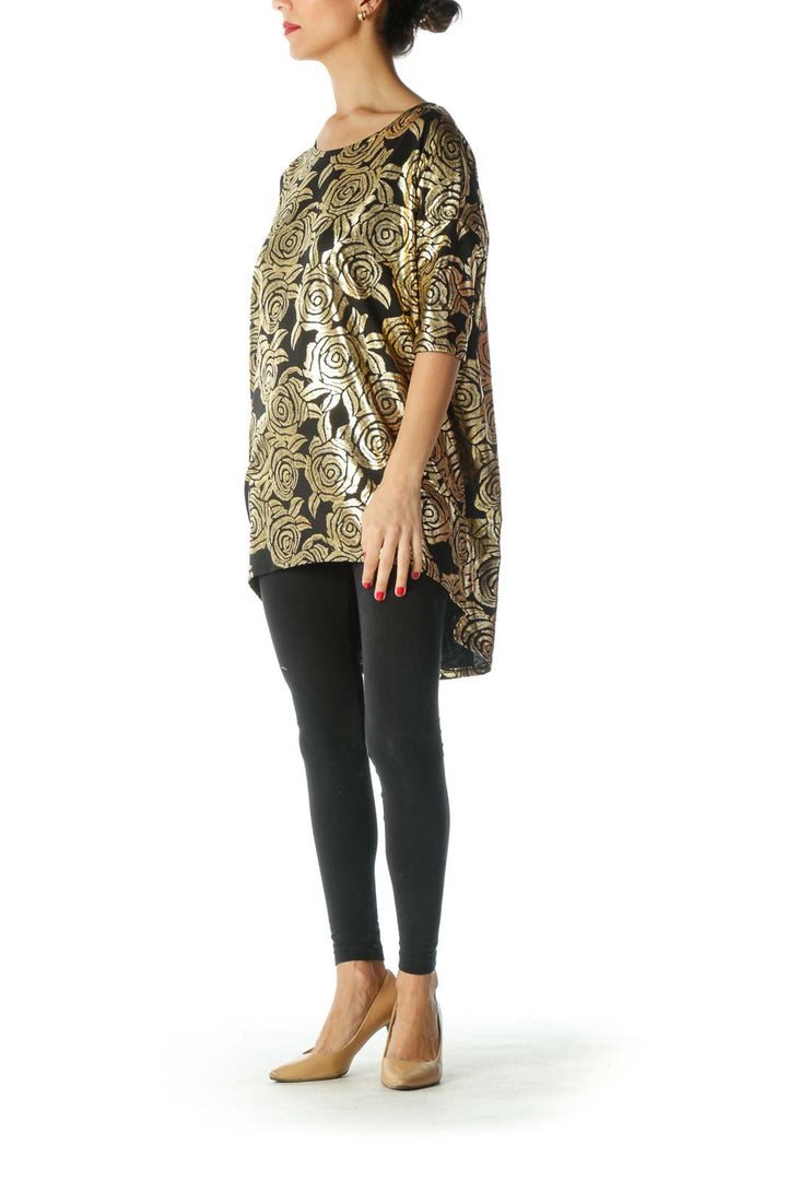 Black Gold Floral Print T-Shirt