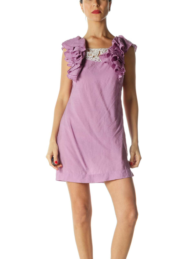 Purple White Ruffled Knit Detail Day Dress