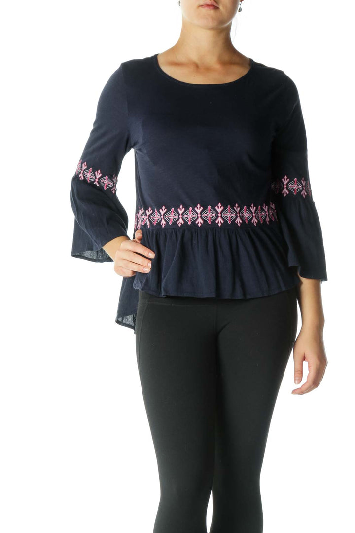 Blue Pink Embroidered Flared Sleeves Top