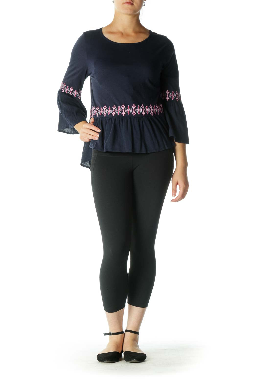 Blue Pink Embroidered Flared Sleeves Top