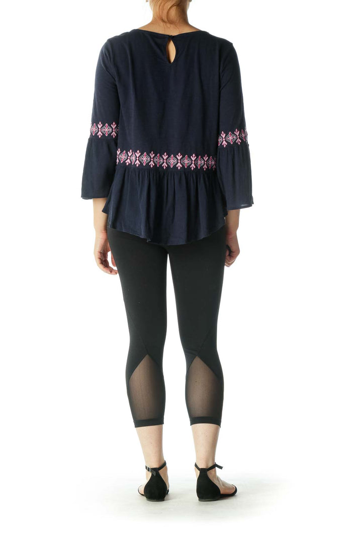 Blue Pink Embroidered Flared Sleeves Top