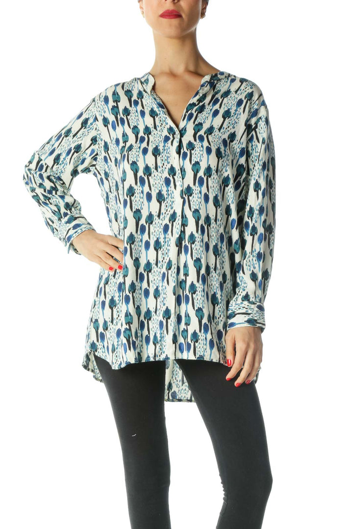 Black Blue White Print Long Sleeve Tunic Top