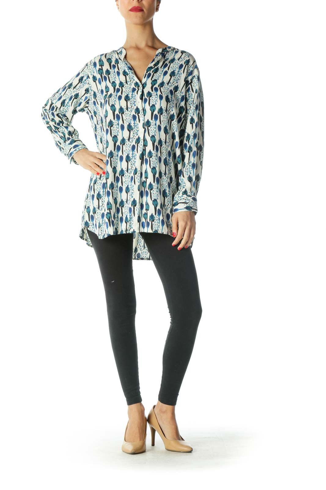 Black Blue White Print Long Sleeve Tunic Top