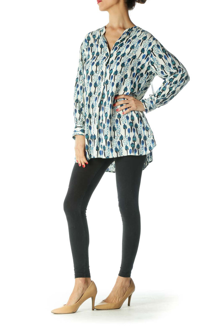 Black Blue White Print Long Sleeve Tunic Top