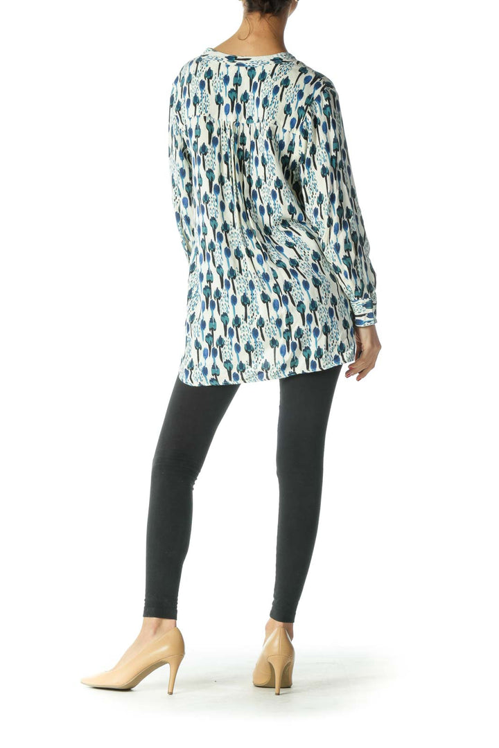 Black Blue White Print Long Sleeve Tunic Top