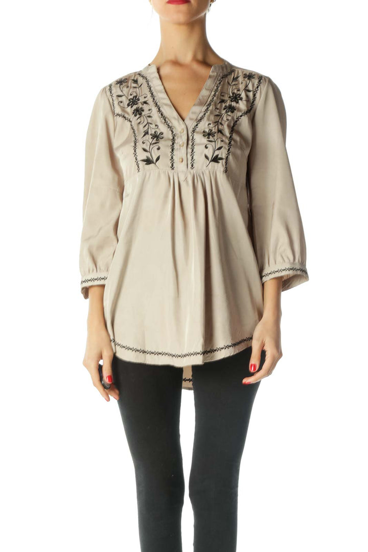 Beige Black Embroidered Shiny Tunic Top