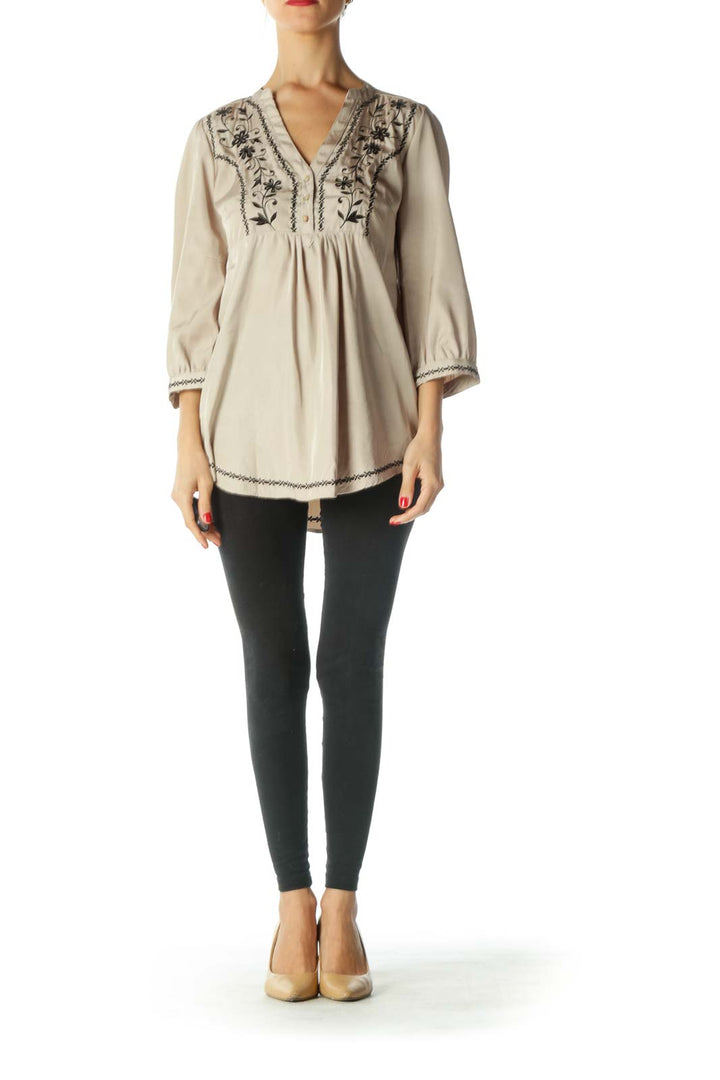 Beige Black Embroidered Shiny Tunic Top