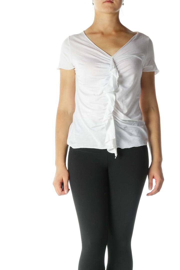 White Ruffle V-Neck T-Shirt