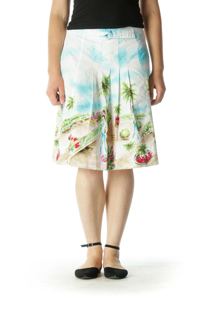 White Multicolor Print A-Line Skirt