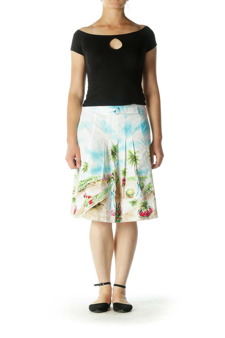 White Multicolor Print A-Line Skirt