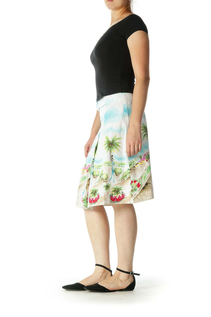 White Multicolor Print A-Line Skirt