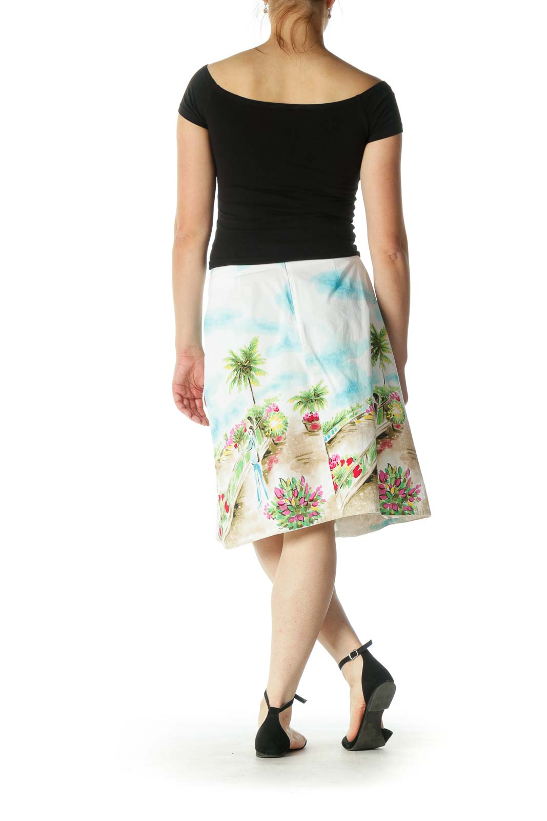 White Multicolor Print A-Line Skirt