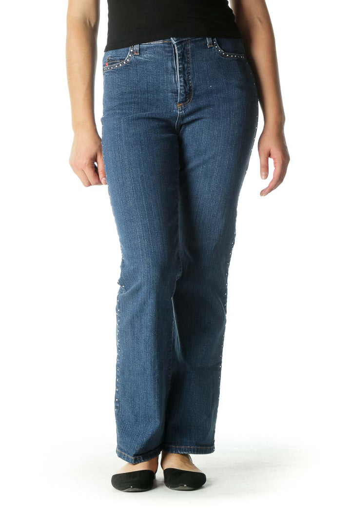 Blue High Waisted Flared Jeans with Rhinestones