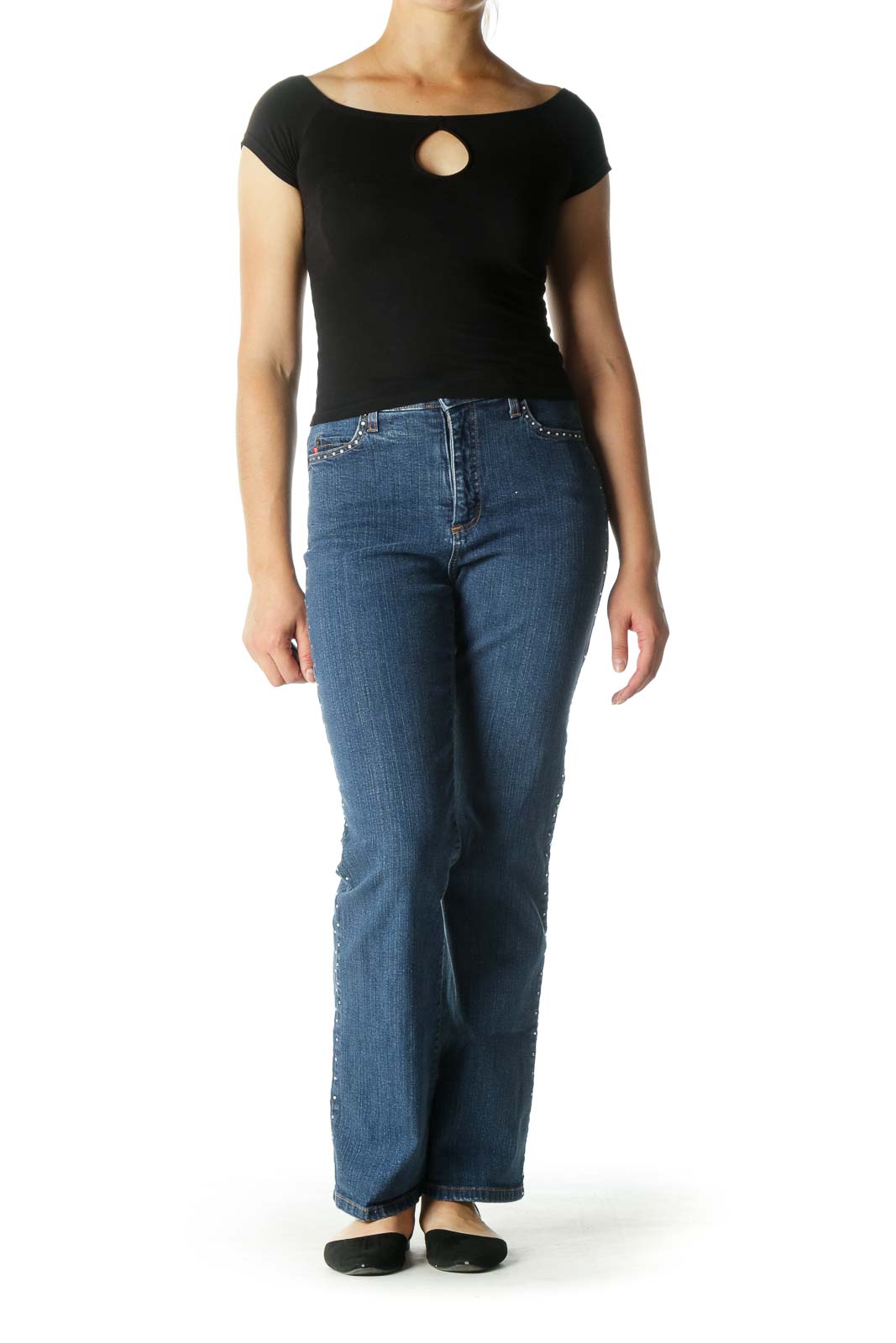 Blue High Waisted Flared Jeans with Rhinestones