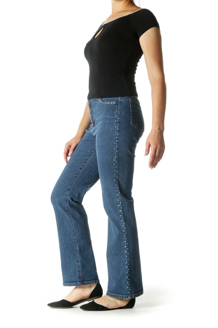 Blue High Waisted Flared Jeans with Rhinestones