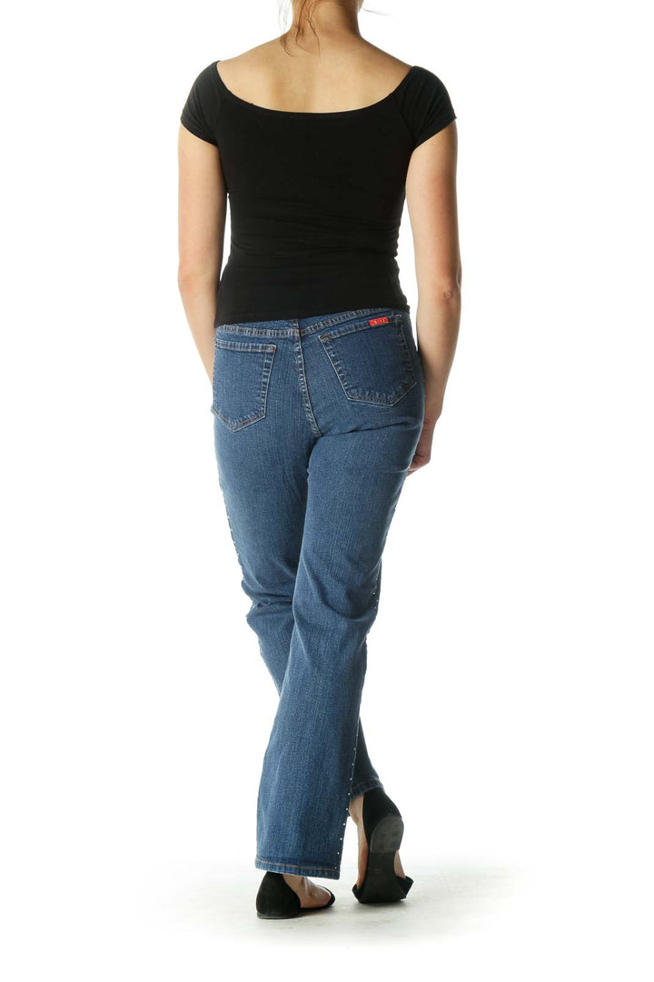 Blue High Waisted Flared Jeans with Rhinestones