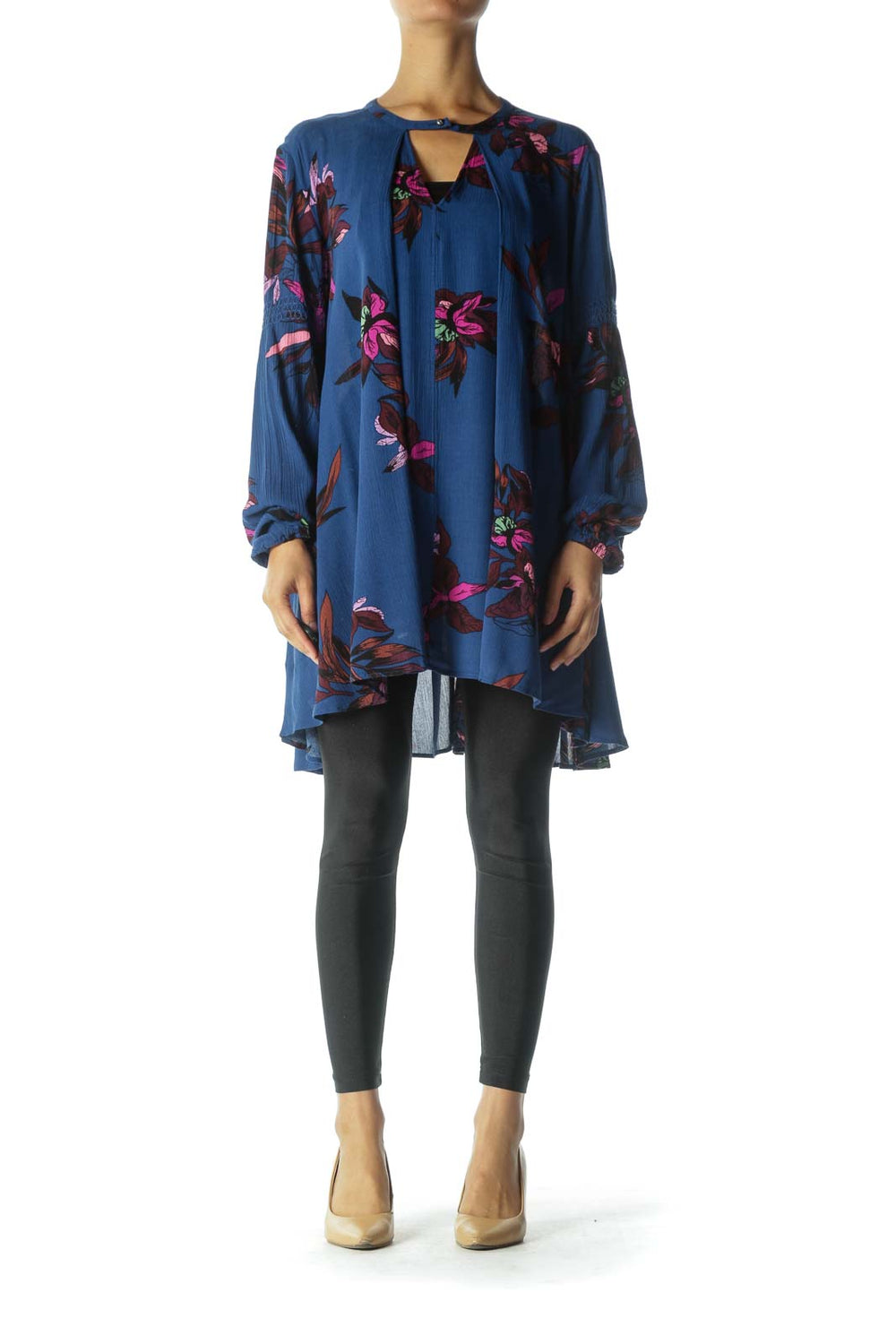 Front view of Free People blue floral tunic top with V-neckline