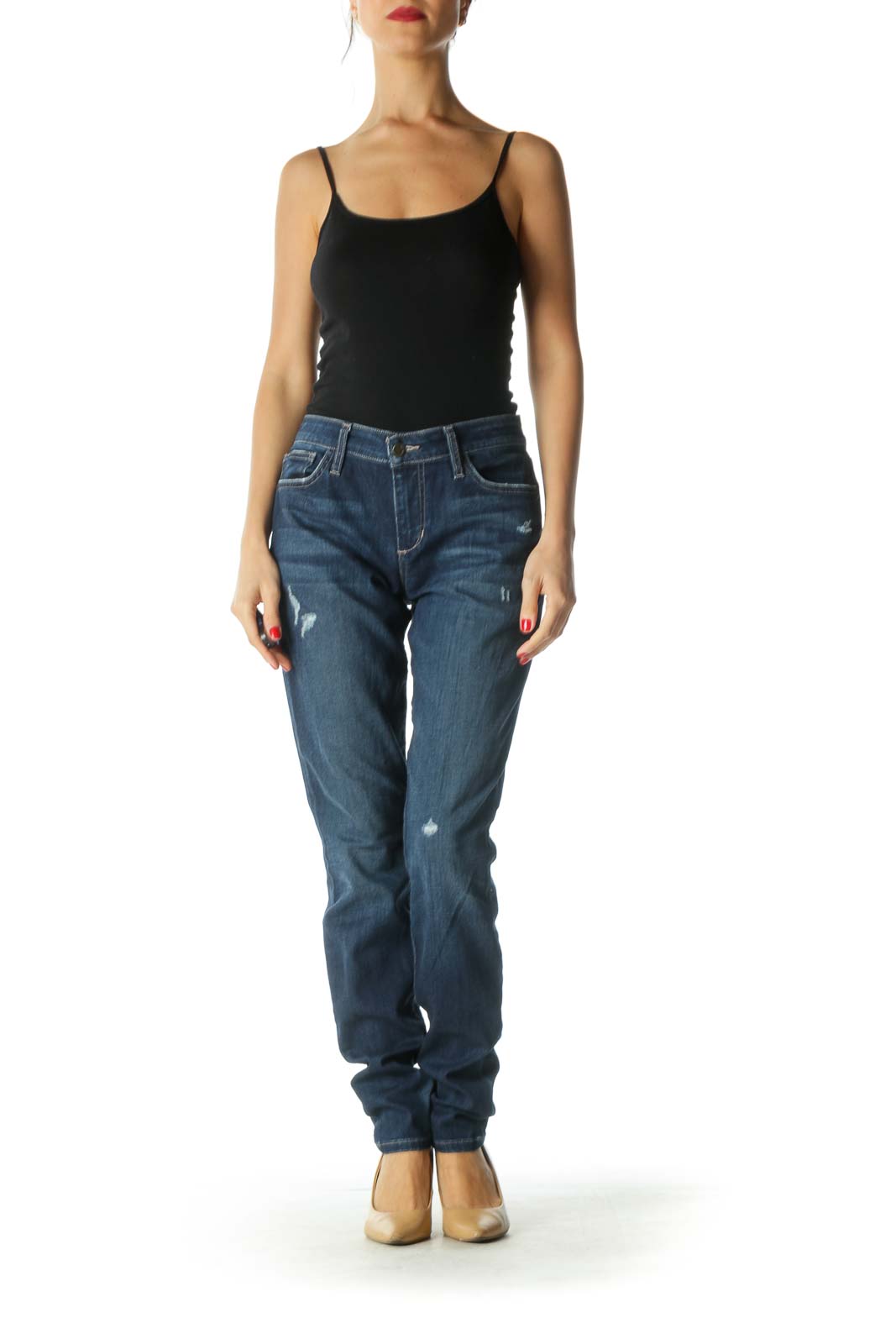 Blue Dark Wash Straight-Leg Distressed Jeans