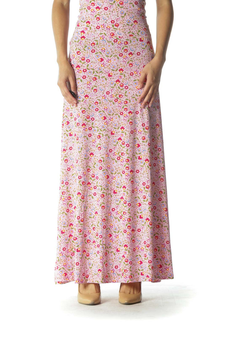 Pink Multicolor Floral Print Maxi Skirt