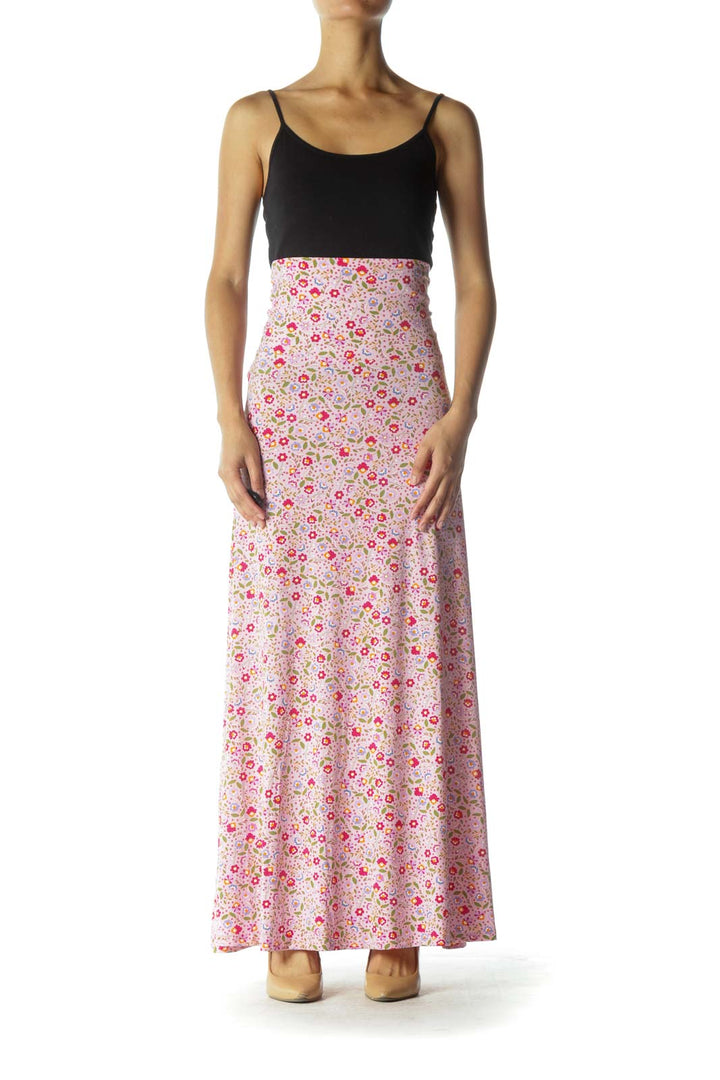 Pink Multicolor Floral Print Maxi Skirt