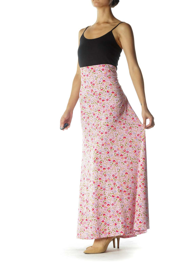 Pink Multicolor Floral Print Maxi Skirt