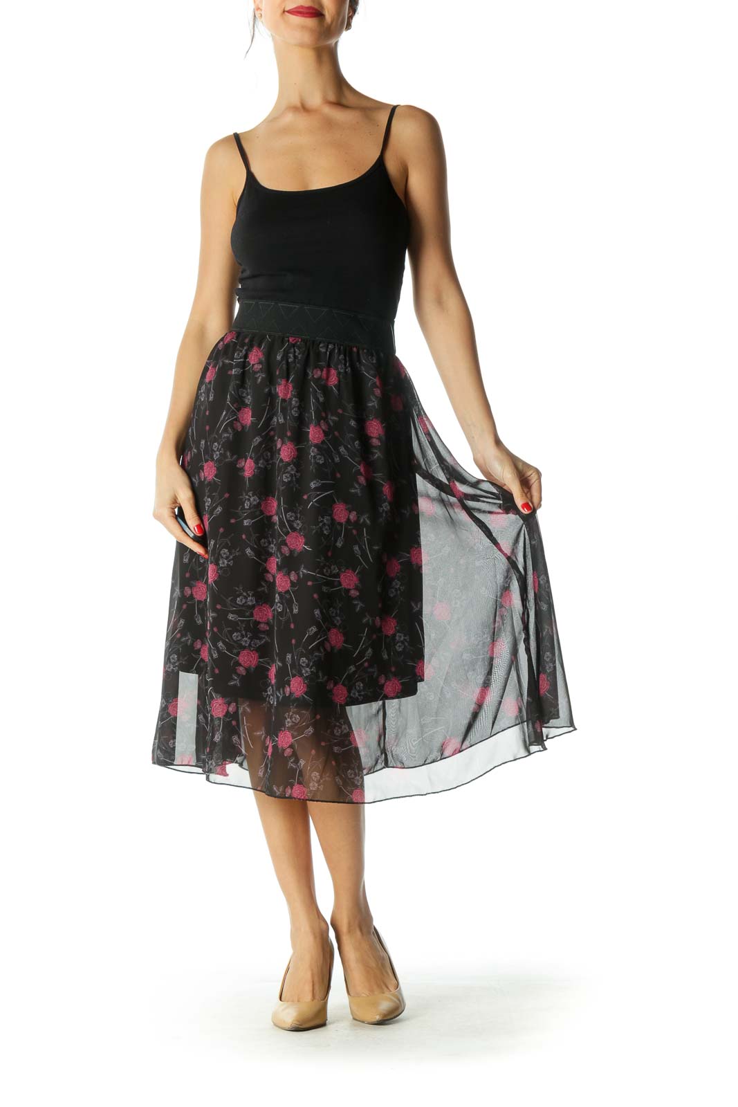 Black and Burgundy Rose Print Flared Skirt