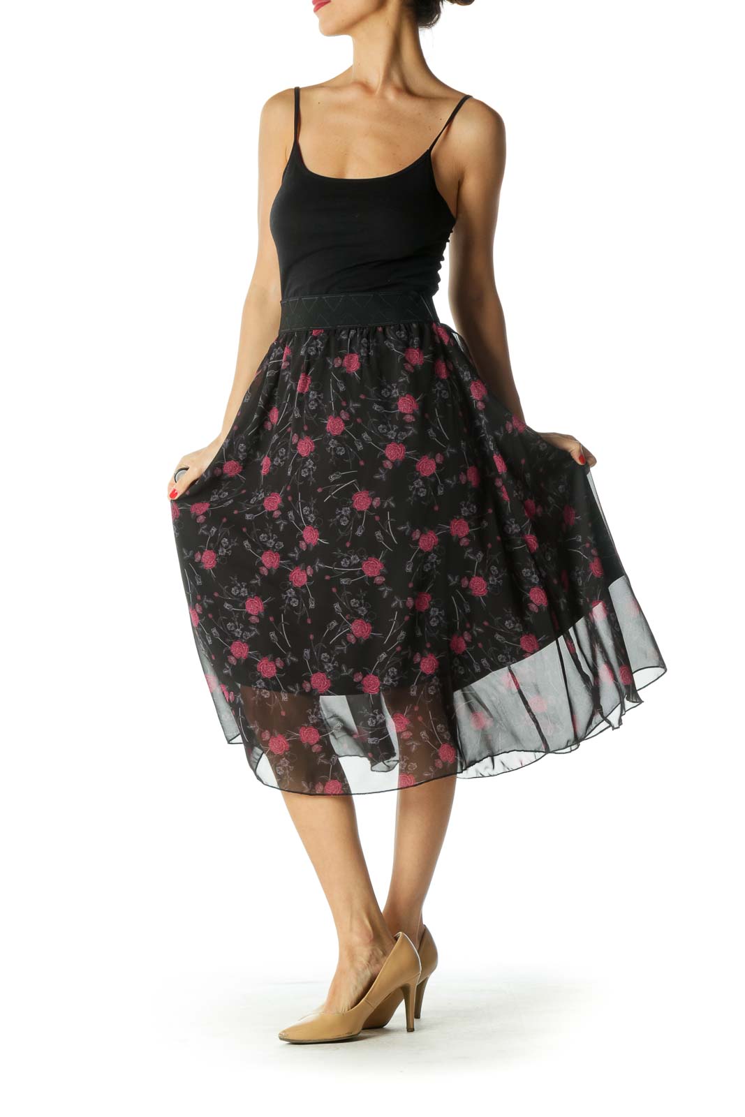 Black and Burgundy Rose Print Flared Skirt