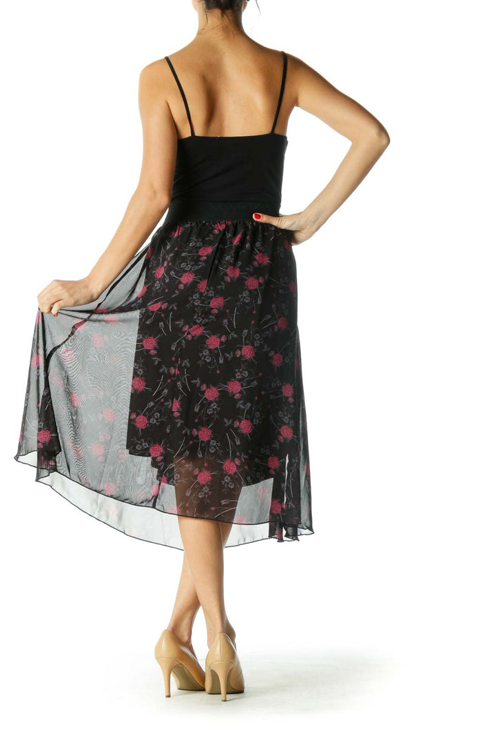 Black and Burgundy Rose Print Flared Skirt