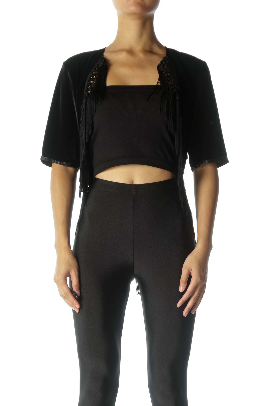 Front view of black fringed crop top from Free People