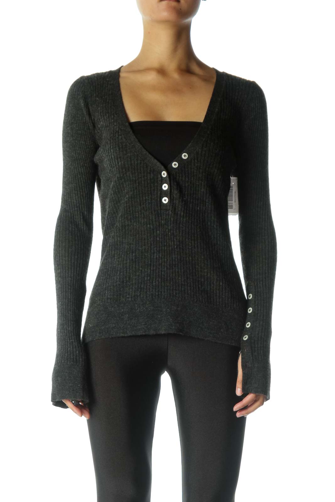 Front view of Free People charcoal ribbed henley top with V-neckline and button details