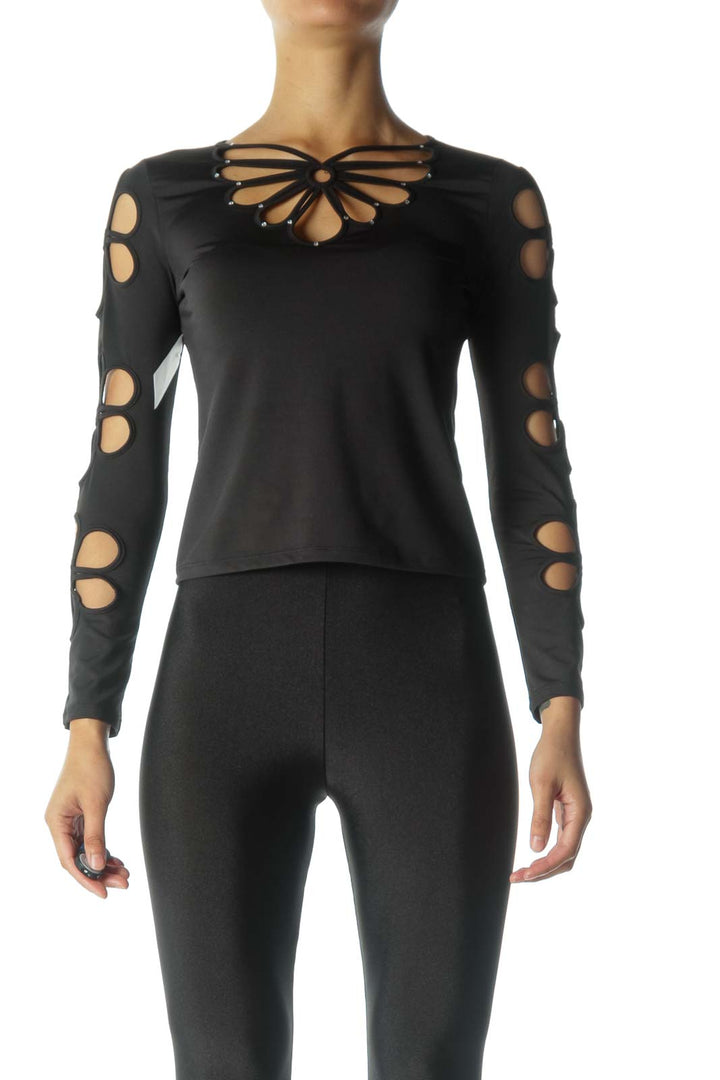 Black Flower Cut-Out Long Sleeve Shirt