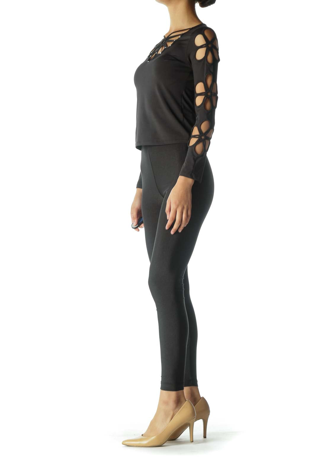 Black Flower Cut-Out Long Sleeve Shirt