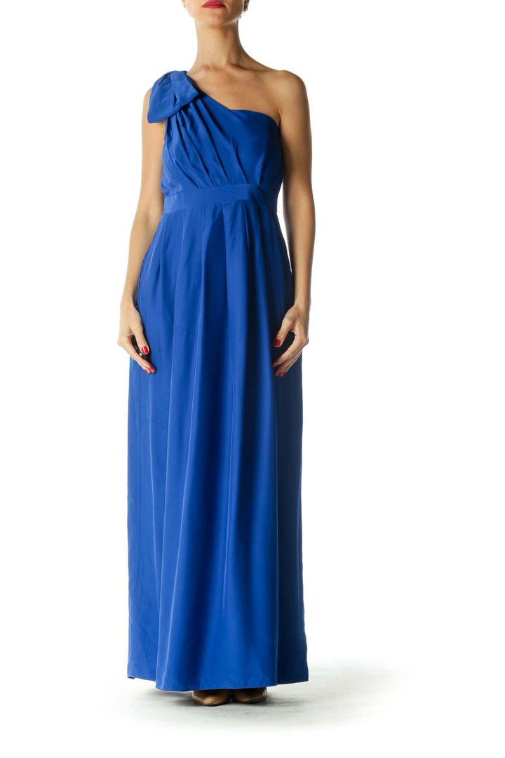 Blue 100% Silk One-Shoulder Bow Detail Dress