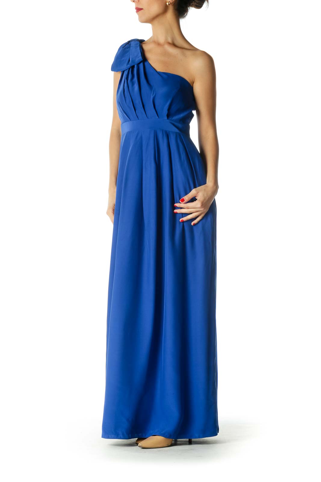 Blue 100% Silk One-Shoulder Bow Detail Dress