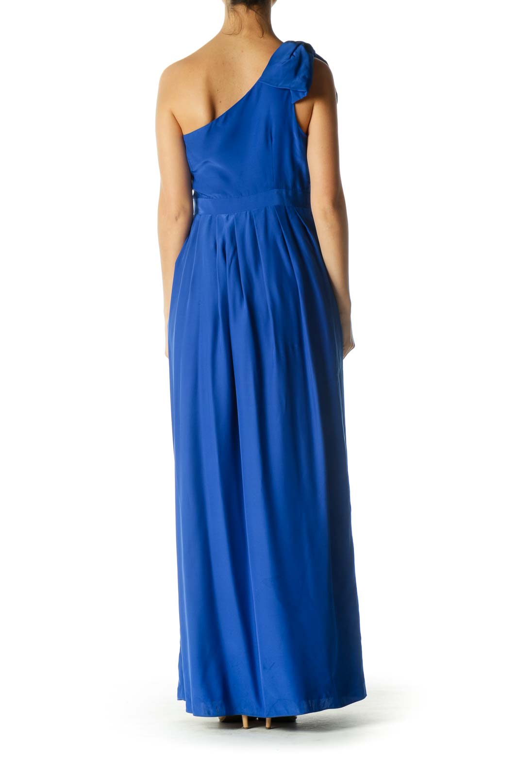 Blue 100% Silk One-Shoulder Bow Detail Dress