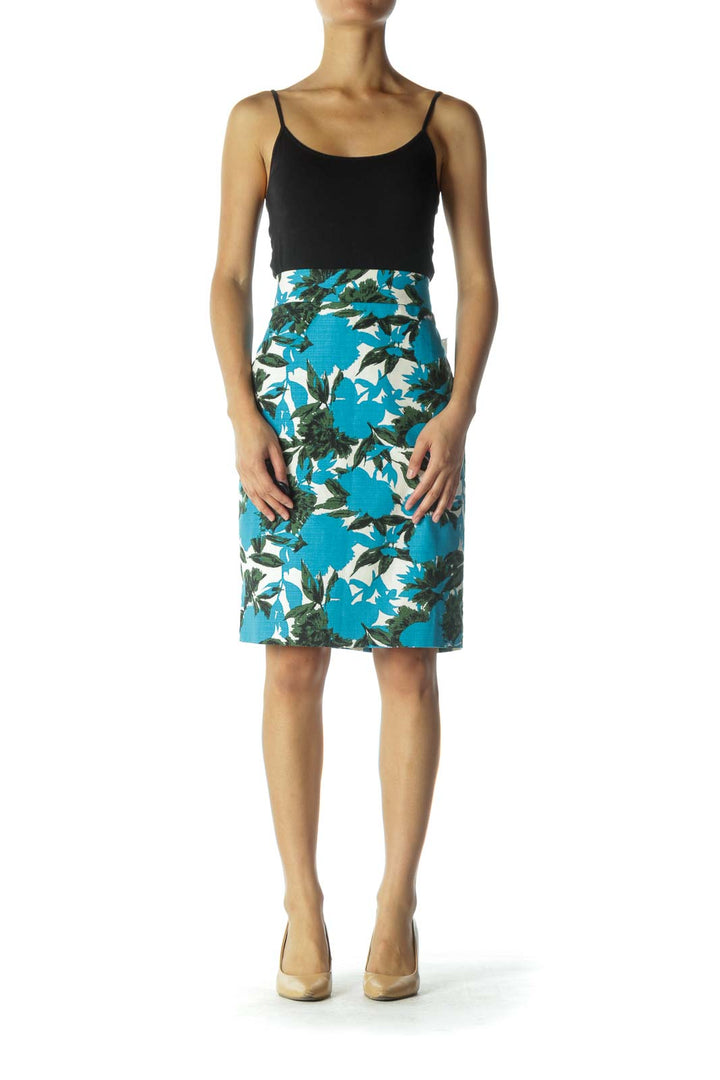 Green and Teal Floral Print Pencil Skirt