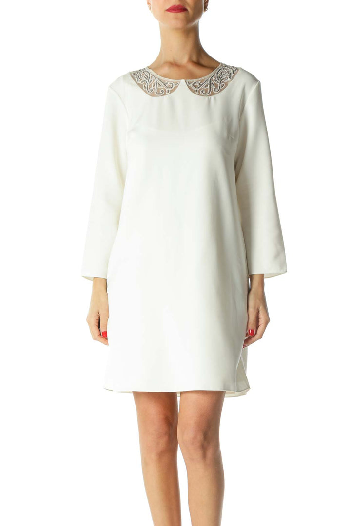 White Beaded Neckline 3/4 Sleeve Dress