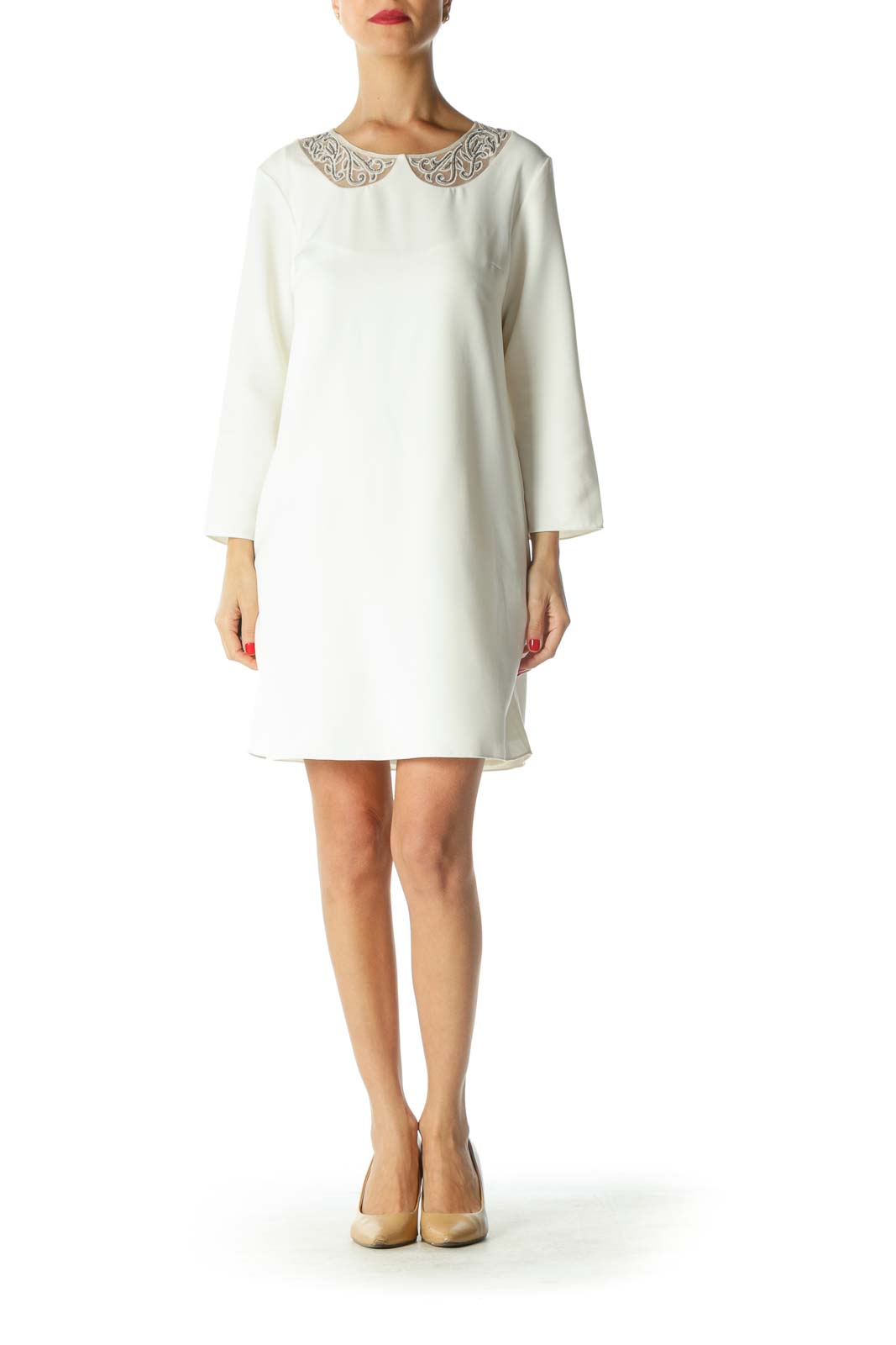 White Beaded Neckline 3/4 Sleeve Dress