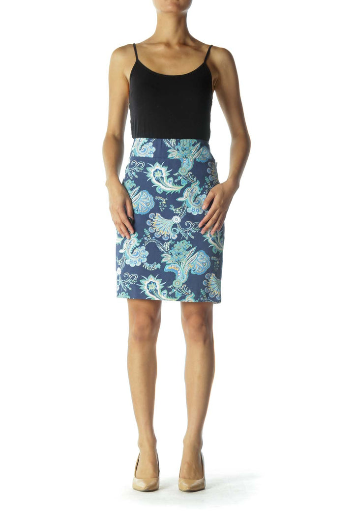 Blue and Green Paisley Print Pencil Skirt