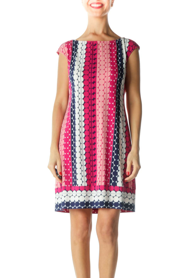 Pink Blue White Geometric Print Dress